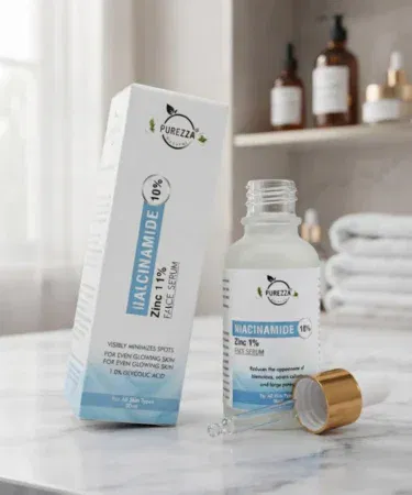 Purezza Natural Niacinamide Face Serum 30ml for pore minimizing, oil control, and dark spot reduction in Pakistan.
