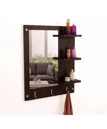 Al-Rahman wood wall mount makeup vanity dresser mirror with rack shelves and stainless steel hooks.