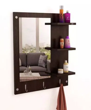 Al-Rahman wood wall mount makeup vanity dresser mirror with rack shelves and stainless steel hooks.