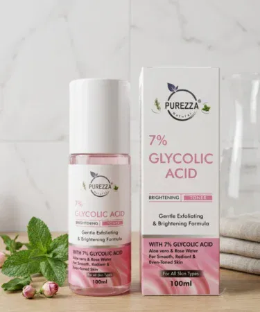 Purezza Natural Glycolic Acid Exfoliating Toner 7% AHA for glowing skin, open pores, blackheads, dark spots.