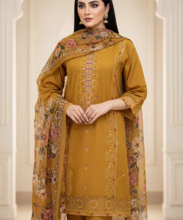 Yellow Floral Embroidered 3-Piece Lawn Suit | Khareedo