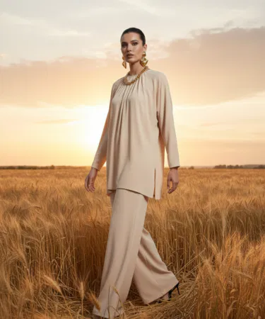 Beige Pleated Co-ord Set | Khareedo