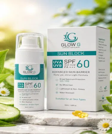 GlowG Sunblock SPF 60 cream for all skin types, offering UVA/UVB protection and a non-greasy finish.