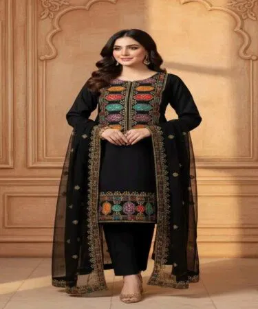 Black sequin embroidered cotton lawn 3-piece suit for women, unstitched, festive wear, sold in Pakistan
