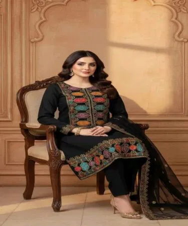 Black sequin embroidered cotton lawn 3-piece suit for women, unstitched, festive wear, sold in Pakistan