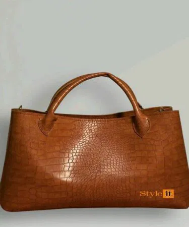 Premium brown PU leather handbag and wallet set for women, printed pattern, top handle, zipper closure, sold in Pakistan.