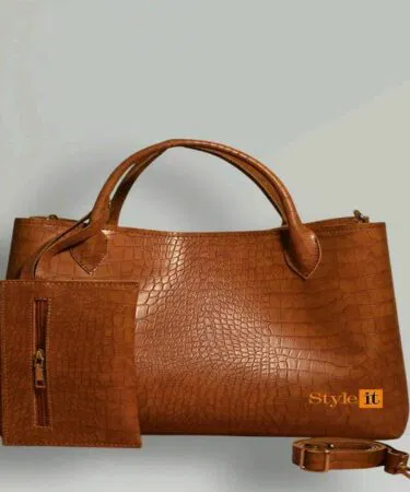 Premium brown PU leather handbag and wallet set for women, printed pattern, top handle, zipper closure, sold in Pakistan.