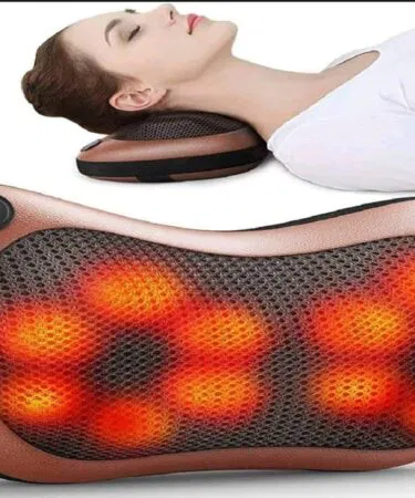 White portable electric neck and body massage pillow with heat for home and car use.