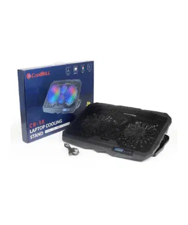 Coolbell CB18 laptop cooling pad for 14-17 inch laptops with 2 large and 2 small fans, RGB lights, adjustable stand.