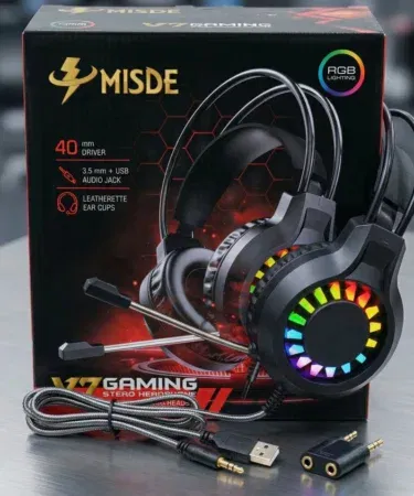 MISDE V7 Stereo Gaming Headset with RGB lighting, 40mm drivers, noise-cancelling mic, 3.5mm jack & USB for PC, Laptop, Mobile & Consoles.