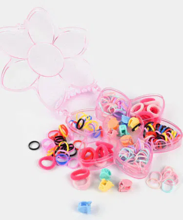 Cute star box hair accessories gift set for girls in Pakistan, includes clips, rubber bands, and pony beads.