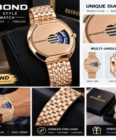 BINBOND genuine stainless steel business watch for men, digital movement, water resistant, classic display