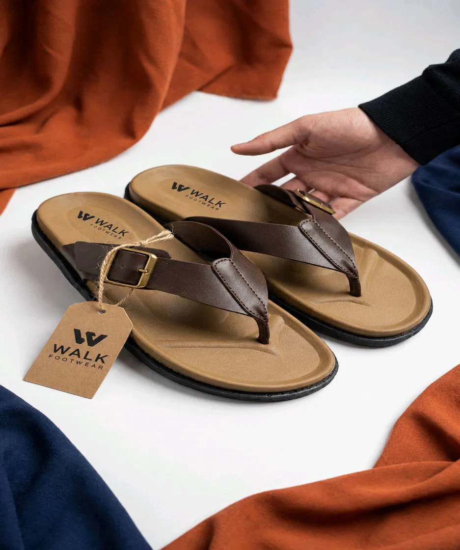 WALK Royal Buckle Sandals - Premium Brown Men's Slippers with adjustable buckle sold in Pakistan